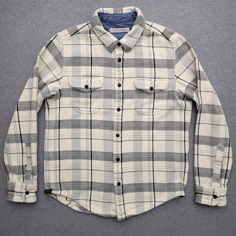 OUTERKNOWN Shirt Mens Small Blanket Flannel White Plaid Button Up OK